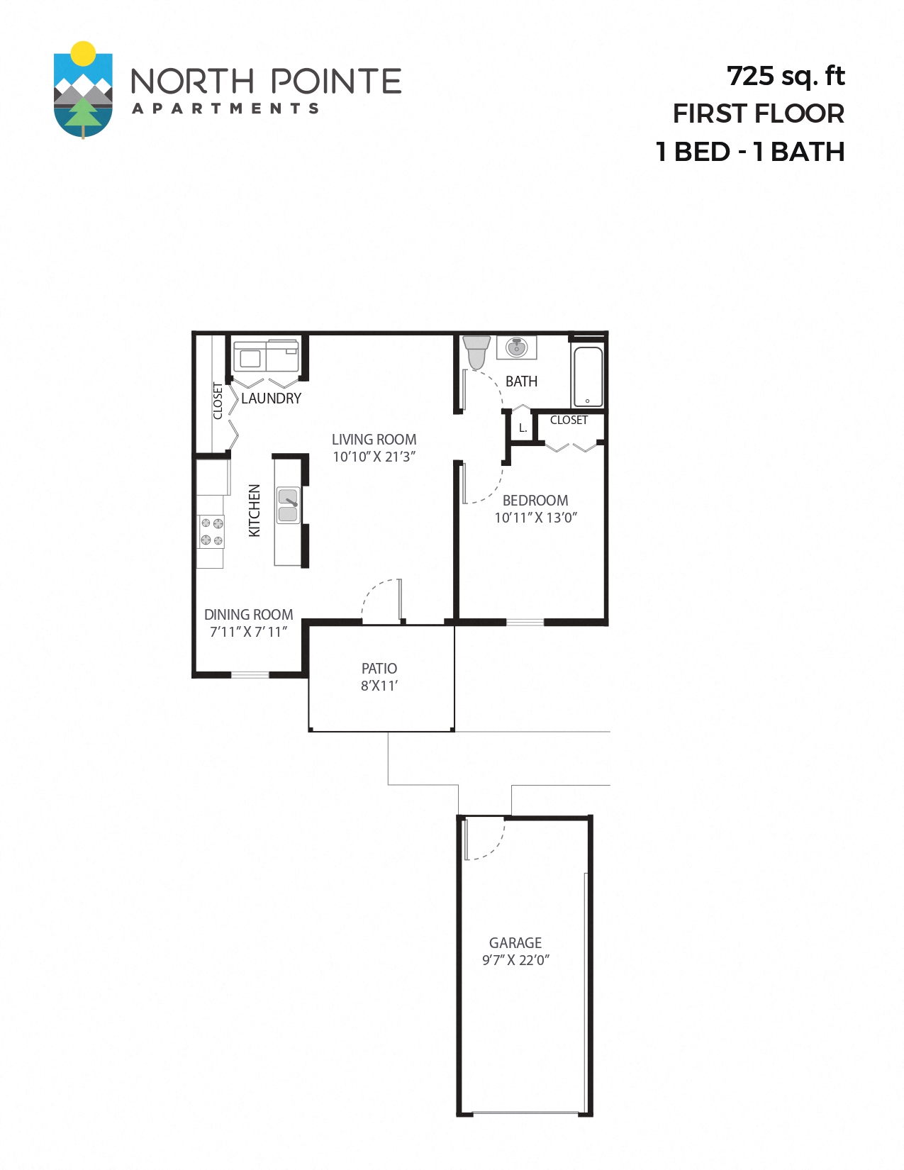 Floor plan for 1 bed, 1 bath, 725 sqft